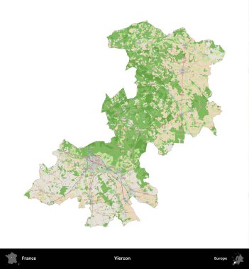 Vierzon. Fransa 'nın idari bölgesi bir OpenStreetMap Fransız tarzı haritada beyazda izole edildi