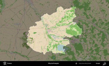 Vitry-le-Francois. Fransa 'nın idari alanı koyu renk bir OpenStreetMap tarzı Fransız haritasına vurgulandı ve özetlendi