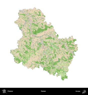 Yonne. Fransa 'nın idari bölgesi bir OpenStreetMap Fransız tarzı haritada beyazda izole edildi
