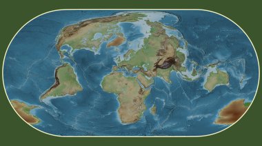 Eckert III projeksiyonunda dünyanın soluk renkli yükseklik haritası Ege Denizi tektonik plakasının merkezine dönüştürüldü