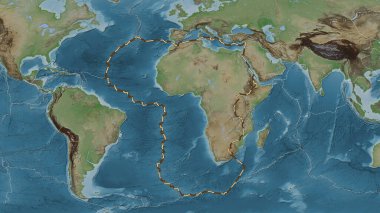 Afrika tektonik tabakasının alanı Eckert III projeksiyonunda soluk renkli bir yükseklik haritasında kesik bir çizgi ile işaretlenmiş.