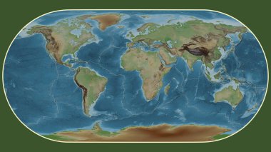 Eckert III projeksiyonunda dünyanın soluk renkli yükseklik haritası Afrika tektonik plakasının merkezine dönüştürüldü
