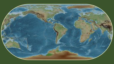 Eckert III projeksiyonunda dünyanın soluk renkli yükseklik haritası Altiplano tektonik plakasının merkezine dönüştürüldü
