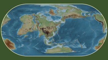 Eckert III projeksiyonunda dünyanın soluk renkli yükseklik haritası Amur tektonik plakasının merkezine dönüştürüldü