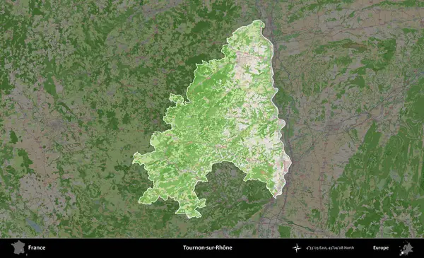 Tournon-sur-Rhone. Fransa 'nın idari alanı koyu renk bir OpenStreetMap tarzı Fransız haritasına vurgulandı ve özetlendi