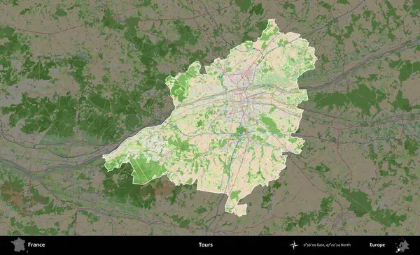 Turlar. Fransa 'nın idari alanı koyu renk bir OpenStreetMap tarzı Fransız haritasına vurgulandı ve özetlendi