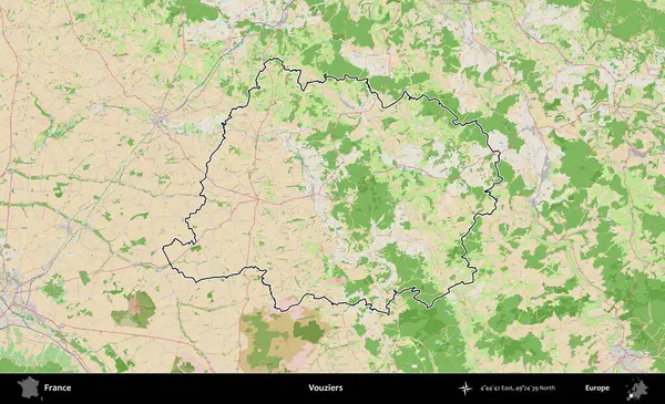Vouziers. OpenStreetMap Fransız stili haritasında Fransa 'nın idari bölgesinin ana hatları belirlendi