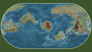 Eckert III projeksiyonunda dünyanın soluk renkli yükseklik haritası Antarktika tektonik plakasının merkezine dönüştürüldü