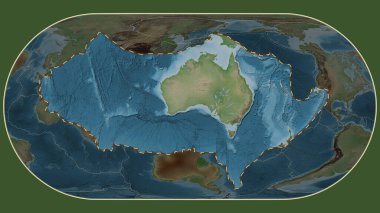 Avustralya tektonik plakasının alanı Eckert III projeksiyonundaki küresel soluk renkli yükseklik haritasından çıkarıldı ve özetlendi.