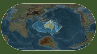 Eckert III projeksiyonundaki topografiksel haritada Avustralya plaka alanına komşu bölgelerin tektonik plakalar sınırları
