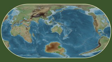 Eckert III projeksiyonunda dünyanın soluk renkli yükseklik haritası Avustralya tektonik plakasının merkezine dönüştürüldü.