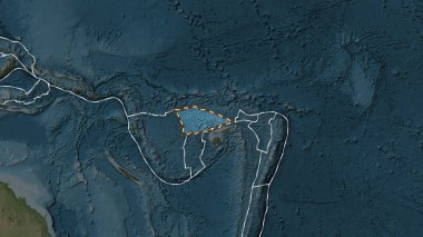 Balmoral Resifi tektonik plakasının alanı Eckert III projeksiyonunda koyu renkli bir yükseklik haritasının arka planına çizilmiş bir çizgi ile işaretlenmiştir.