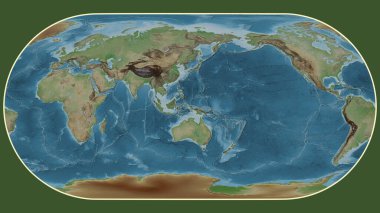 Eckert III projeksiyonunda dünyanın soluk renkli yükseklik haritası Kuş Başı tektonik plakasının merkezine dönüştürüldü.