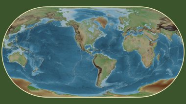 Eckert III projeksiyonunda Dünya 'nın soluk renkli yükseklik haritası Karayip tektonik plakasının merkezine dönüştürüldü