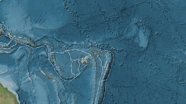 Futuna tektonik plakasının alanı Eckert III projeksiyonunda soluk renkli bir yükseklik haritasında çizilmiş bir çizgi ile işaretlenmiş.
