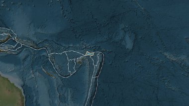 Eckert III projeksiyonundaki topografik haritada Futuna plaka alanına komşu bölgelerin tektonik plakalar sınırları