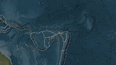 Futuna tektonik plakasının alanı Eckert III projeksiyonunda koyu renkli bir yükseklik haritasının arka planına çizilmiş bir çizgi ile işaretlenmiştir.