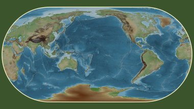Dünyanın soluk renkli yükseklik haritası Eckert III projeksiyonunda Futuna tektonik plakasının merkezine dönüştürüldü.