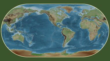 Eckert III projeksiyonunda dünyanın soluk renkli yükseklik haritası Galapagos tektonik plakasının merkezine dönüştürüldü