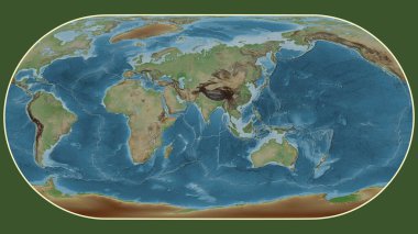 Eckert III projeksiyonunda dünyanın soluk renkli yükseklik haritası Hint tektonik plakasının merkezine dönüştürüldü.