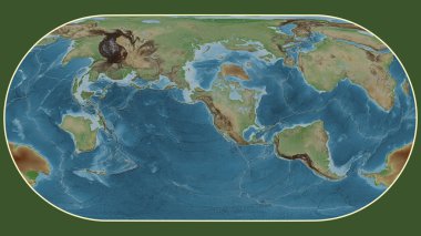 Eckert III projeksiyonunda dünyanın soluk renkli yükseklik haritası Juan de Fuca tektonik plakasının merkezine dönüştürüldü.