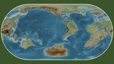 Eckert III projeksiyonunda Juan Fernandez tektonik plakasının merkezine dönüşen soluk renkli yükseklik haritası
