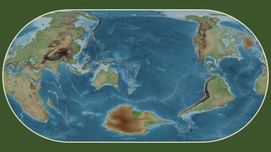 Eckert III projeksiyonunda dünyanın soluk renkli yükseklik haritası Kermadec tektonik plakasının merkezine dönüştürüldü