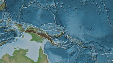 Manus tektonik plakasının alanı Eckert III projeksiyonunda soluk renkli bir yükseklik haritasında çizilmiş bir çizgi ile işaretlenmiş.