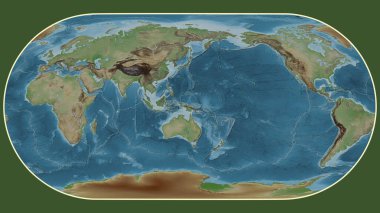 Eckert III projeksiyonunda dünyanın soluk renkli yükseklik haritası Manus tektonik plakasının merkezine dönüştürüldü