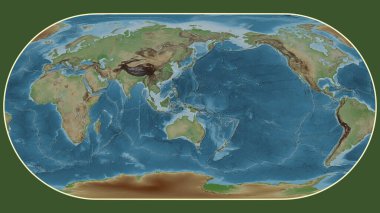 Eckert III projeksiyonunda dünyanın soluk renkli yükseklik haritası Maoke tektonik plakasının merkezine dönüştürüldü
