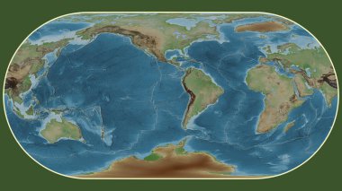 Eckert III projeksiyonunda dünyanın soluk renkli yükseklik haritası Nazca tektonik plakasının merkezine dönüştürüldü.