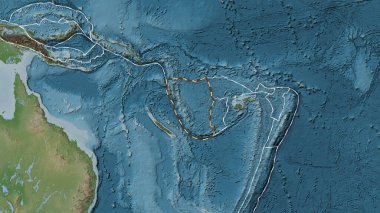 Yeni Hebrides tektonik plakasının alanı Eckert III projeksiyonundaki soluk renkli yükseklik haritasında çizilmiş bir çizgi ile işaretlenmiştir.