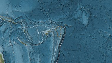 Niuafo 'ou tektonik plakasının alanı Eckert III projeksiyonunda soluk renkli bir yükseklik haritasında çizilmiş bir çizgi ile işaretlenmiş.