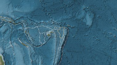Niuafo 'ou tektonik plakasının alanı Eckert III projeksiyonundaki soluk renkli yükseklik haritasında katı bir çizgiyle işaretlenmiş.