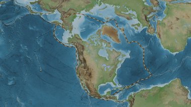 Kuzey Amerika tektonik plakasının alanı Eckert III projeksiyonunda soluk renkli bir yükseklik haritasında çizilmiş bir çizgi ile işaretlenmiştir.