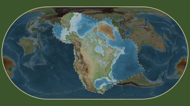 Kuzey Amerika tektonik tabakasının alanı Eckert III projeksiyonundaki küresel soluk renkli yükseklik haritasından çıkarıldı ve özetlendi.