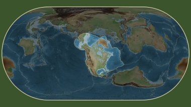 Eckert III projeksiyonundaki topografiksel haritada Kuzey Amerika plaka alanına komşu bölgelerin tektonik plakalar sınırları