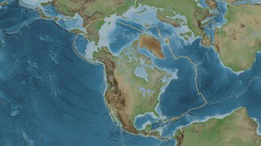 Kuzey Amerika tektonik tabakasının alanı Eckert III projeksiyonunda soluk renkli bir yükseklik haritasında katı bir çizgi ile işaretlenmiştir.