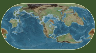 Eckert III projeksiyonunda dünyanın soluk renkli yükseklik haritası Kuzey Amerika tektonik plakasının merkezine dönüştürüldü.