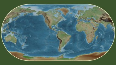 Eckert III projeksiyonunda dünyanın soluk renkli yükseklik haritası Kuzey And 'ların tektonik plakasının merkezine dönüştürüldü.