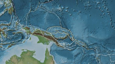 Kuzey Bismarck tektonik plakasının alanı Eckert III projeksiyonunda soluk renkli bir yükseklik haritasında katı bir çizgi ile işaretlenmiştir.