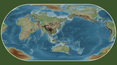 Eckert III projeksiyonunda dünyanın soluk renkli yükseklik haritası Okinawa tektonik plakasının merkezine dönüştürüldü.