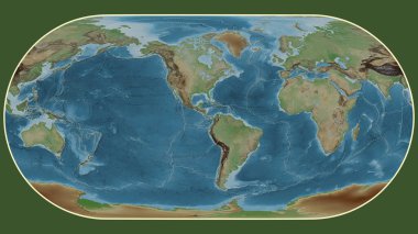 Eckert III projeksiyonunda dünyanın soluk renkli yükseklik haritası Panama tektonik plakasının merkezine dönüştürüldü