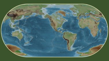 Eckert III projeksiyonunda dünyanın soluk renkli yükseklik haritası Rivera tektonik plakasının merkezine dönüştürüldü.