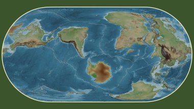 Eckert III projeksiyonunda Dünya 'nın soluk renkli yükseklik haritası Sandviç tektonik tabakasının merkezine dönüştürüldü