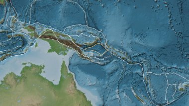 Solomon Denizi tektonik tabakasının alanı Eckert III projeksiyonunda soluk renkli bir yükseklik haritasında katı bir çizgiyle işaretlenmiş.
