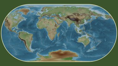 Eckert III projeksiyonunda dünyanın soluk renkli yükseklik haritası Somali tektonik plakasının merkezine dönüştürüldü