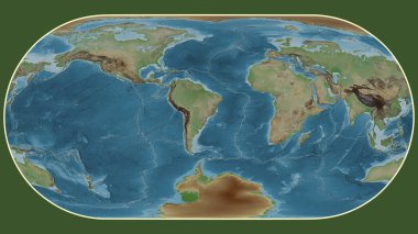 Eckert III projeksiyonunda dünyanın soluk renkli yükseklik haritası Güney Amerika tektonik plakasının merkezine dönüştürüldü.