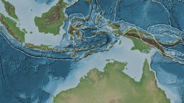 Timor tektonik plakasının alanı Eckert III projeksiyonundaki soluk renkli yükseklik haritasında çizilmiş bir çizgi ile işaretlenmiştir.