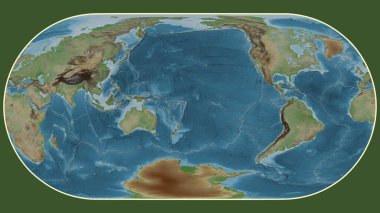 Eckert III projeksiyonunda dünyanın soluk renkli yükseklik haritası Tonga tektonik plakasının merkezine dönüştürüldü